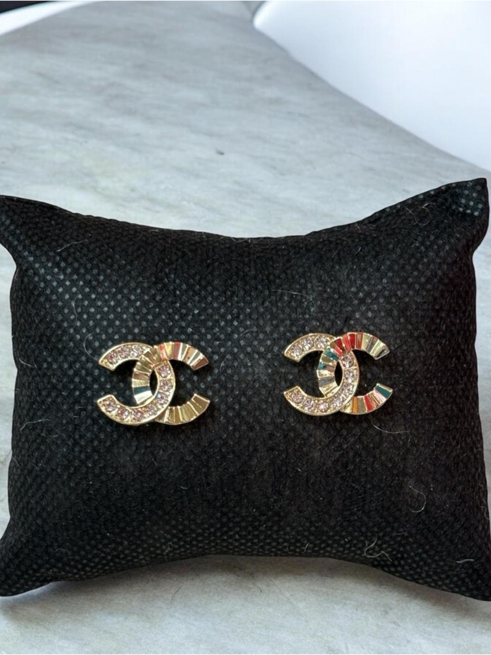 Upcycled Stamped CC Logo Crystal and Enamel Stud Earrings